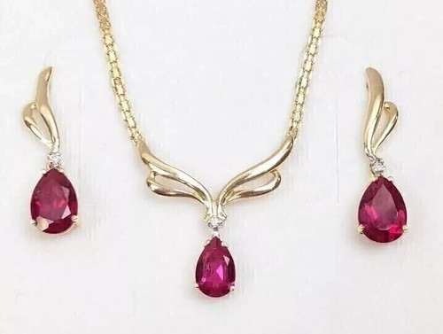 Women's Jewelry Set 14K Yellow Gold Plated 18''In 2Ct Pear Lab Created Red Ruby - Picture 4 of 5