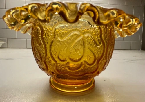 VTG Fenton Daisy & Button Pattern Amber Top Hat Planter or candle holder