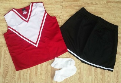 Adult M L Red Black Cheerleader Uniform Top Skirt Socks 36 38 28