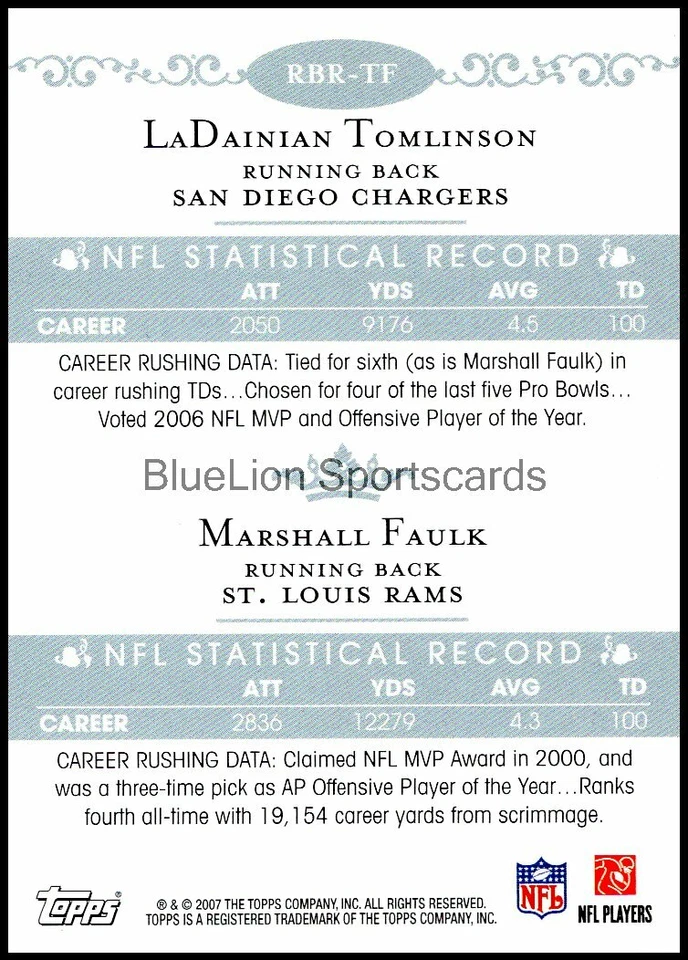 2007 Topps Running Back Royalty #TF LaDainian Tomlinson/Marshall Faulk - Image 2 of 2