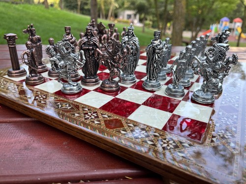 Ancient Roman Antique Copper Chess Pieces & Solid Walnut Wooden Chessboard - Picture 8 of 8