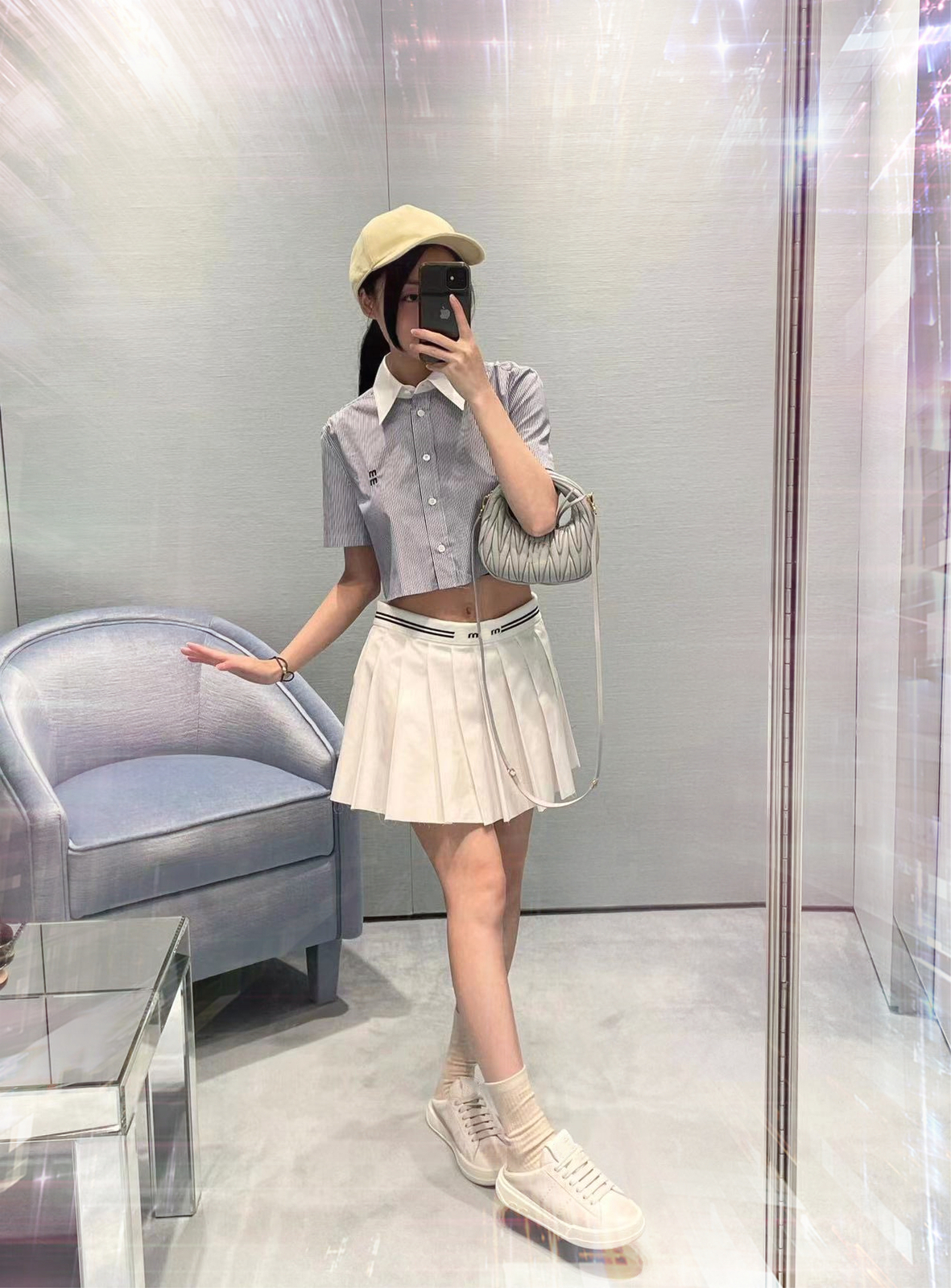 Miu Miu Pleated skirt with letter stripe print elastic ribbon | eBay 