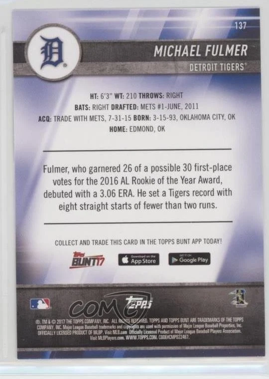 2017 Topps Bunt Black Michael Fulmer #137 - Image 2 of 2