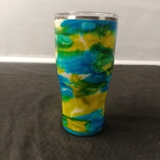 Custom Alcohol Ink Epoxy Tumbler Blue,Green,And Yellow Tie-dye