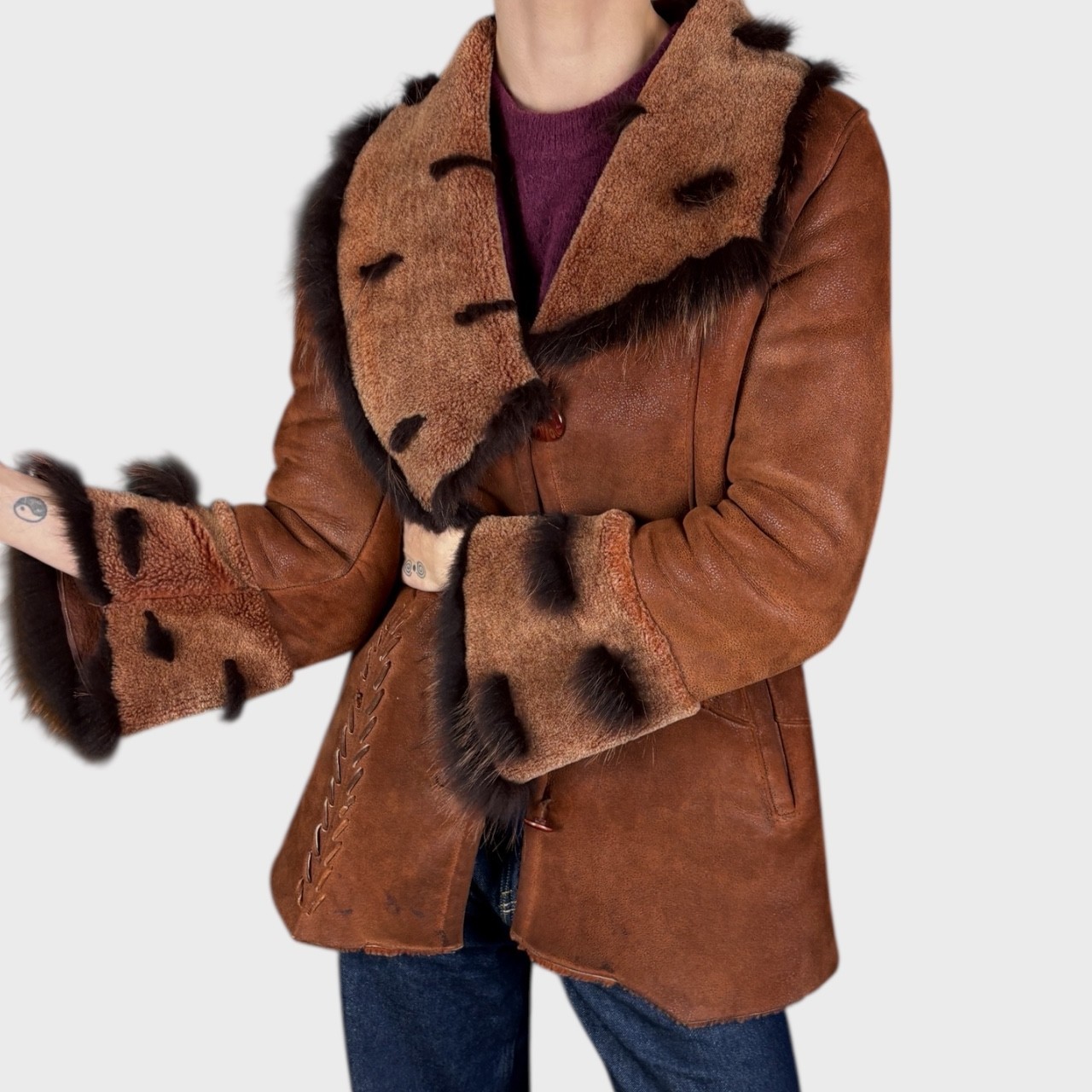 Vintage Brown Shearling Coat  Lambskin Leather Jacket  Size US 6/8  EU 38/40