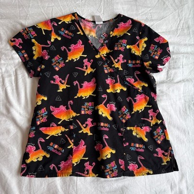 Disney Y2K/Retro Scrub Top Large Black Simba Pumbaa Timon Mock Wrap V-Neck L/G