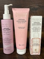 Lot Of 3 PACIFICA Vegan Collagen 1 Body Oil 4oz, 1 Hand Cream 4oz, 1 Serum 1oz.