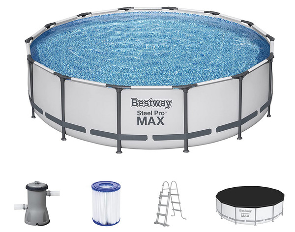 Bestway Steel Pro MAX Frame Pool Komplett-Set Mit Filterpumpe Lichtgrau Rund-image