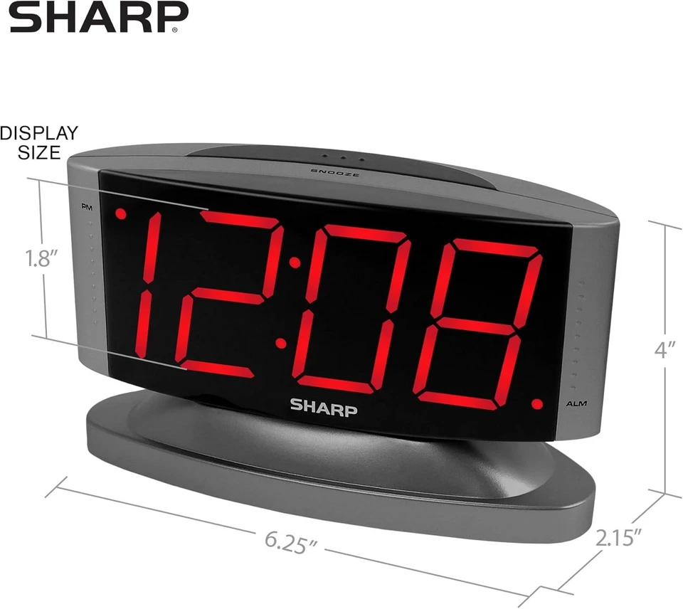 SHARP Home LED Digital Alarm Clock – Swivel Red Led - Gun Metal Grey Case  - Image 4 of 4