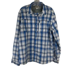 LL Bean Mens Button Front Long Sleeve Shirt Size Large Blue White Zip Pocket