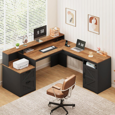 63'' Farmhouse L Shaped Executive Desk with Drawers & Storage Shelf, Corner Compu