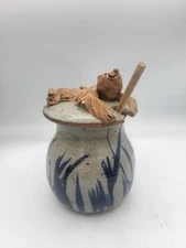 Rowe Art Pottery Honey Pot with Bear on  Lid and Drizzle Stick - Artist Signed
