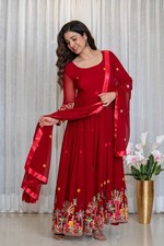 Designer Faux Georgette Red Gown Bottom With Dupatta For Function Wear