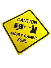 Angry Gamer Zone Funny Tin Sign Yellow Caution Medium Sized