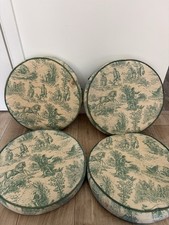 Set 4 Green Toile Dining Chair Seat Pads Cushions Round Vintage 14” Blue Green