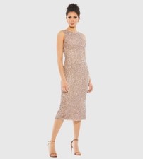 NWT Mac Duggal Rose Gold Sleeveless Sequined Midi Sheath Dress, Size 14