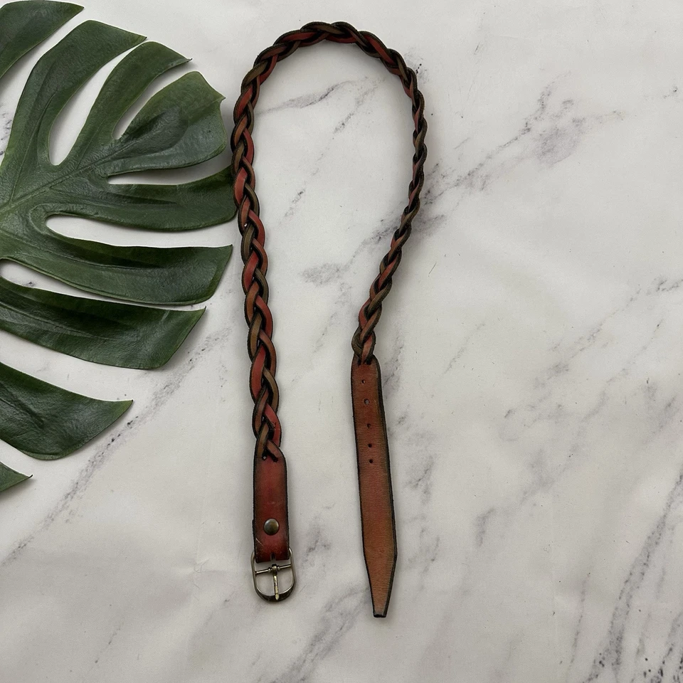 Ручной работы женщин винтажный 90-х плетеный кожаный ремень размер M красный оранжевый Western - Изображение 2 из 4