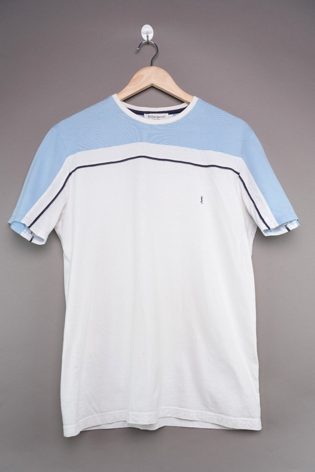 T shirt Yves Saint Laurent YSL taglia S blu bianco cotone logo stile vintage