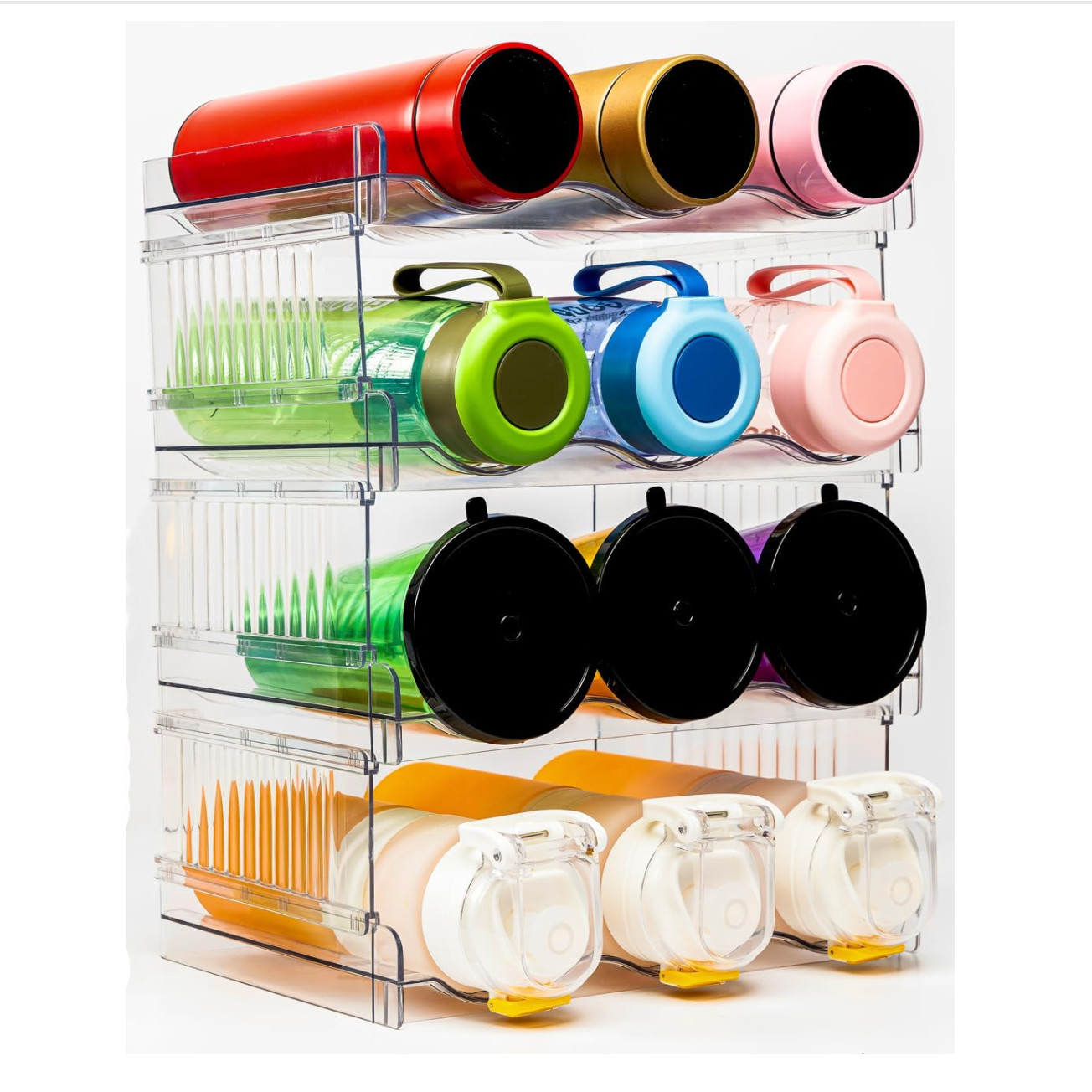 Water Bottle Storage Rack 4-Pack for 12 Tumblers w/ Acrylic Box for Straws New