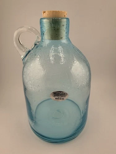 Blenko Glass Signed 2022 Crackle Blue Moon Shine Jug Bottle & Cork Medium 8”