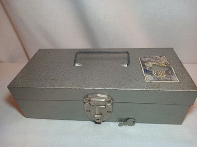 Vintage Eagle Lock Co. Gray Metal Cash Receipt Box w/ Key & Sticker