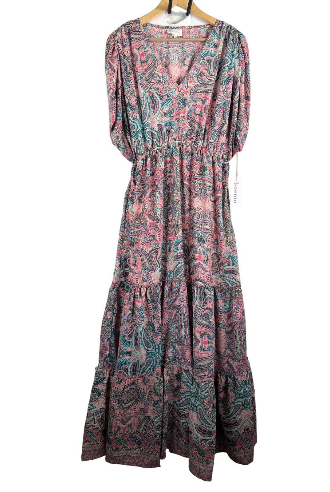 Boemo Paisley print tiered ruffle maxi boho dress pink multi 90s retro