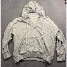 Aerie Heather Gray V Neck Hoodie Sweatshirt Women Size XL Oversized Ribbed Trim