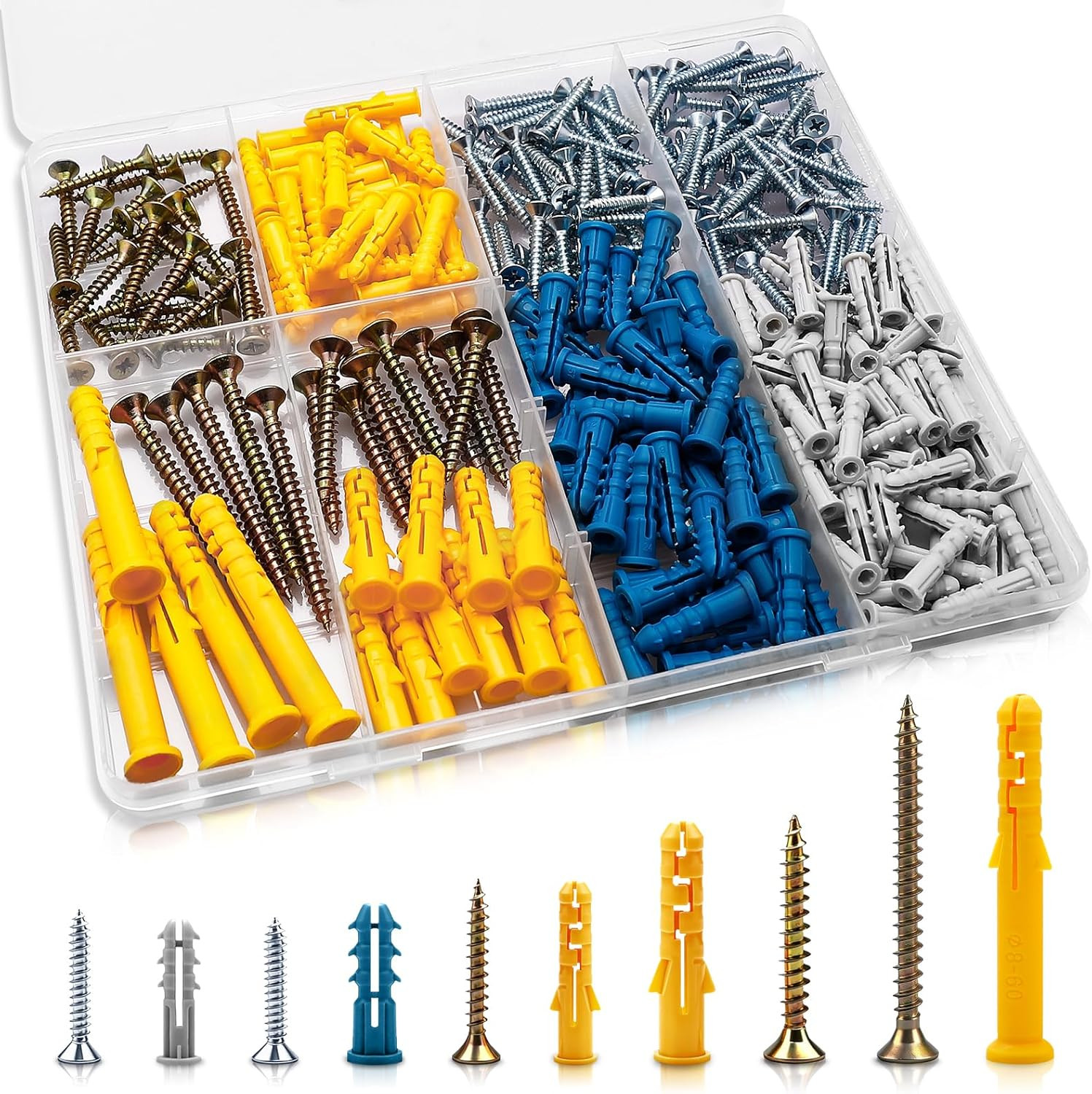 270Pcs Screws and Wall Plugs Set, Wall Plugs and Plasterboard Screws, 5 Sizes Ra