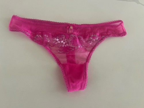 Victorias Secret BBV Thong Panty Pink Sheer Mesh Silver Shimmer Large NWT