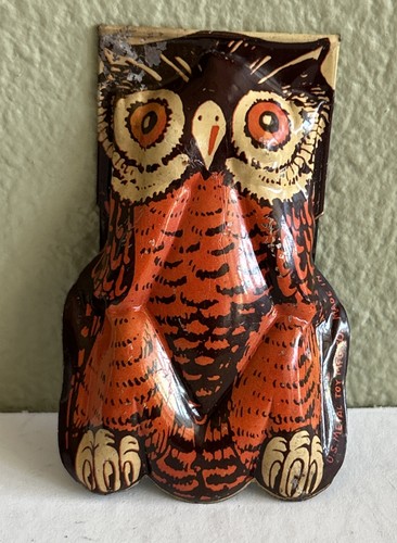 Vintage U.S. Metal Toy Owl Clicker Tin Litho Halloween Noisemaker
