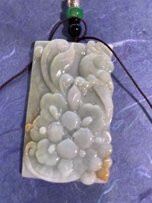 Certified Green Red Lavender Blue Jade Pendant Bird Flower Good Luck Cloth Cord