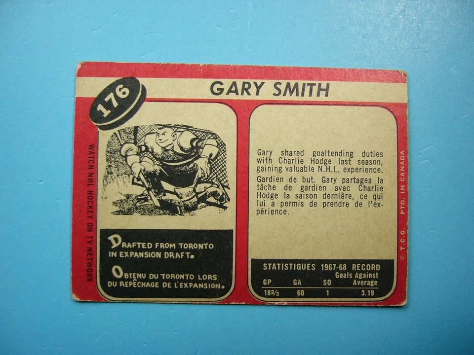 1968/69 O-PEE-CHEE NHL HOCKEY CARD #176 GARY SMITH ROOKIE RC VG NICE!! 68/69 OPC - Image 2 of 2
