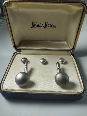 Vintage SterlingSilver Mid Century Destino Textured Pearl Ball NIB Cufflink Set
