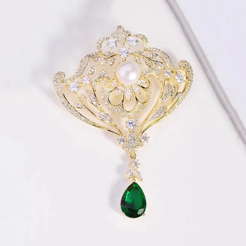 Broche de perlas corona de lujo prendedor de cristal verde otoño acción de gracias joyería regalo mujeres Foto 2 de 4