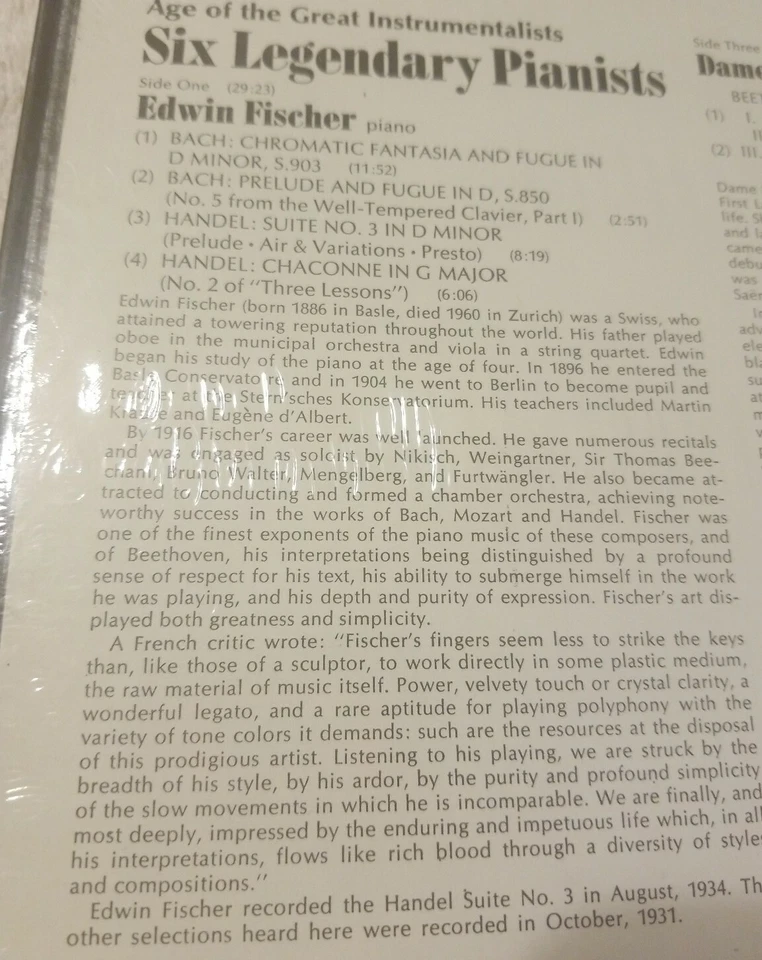 Six Legendary Pianists Fischer/Gieseking/Hess/Schnabel/Solomon/Cortot New Mono - Image 3 of 4