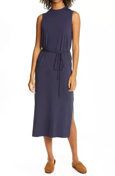 VINCE Navy Blue Tie Waist Belt Sleeveless Crewneck T Shirt Midi Dress S 4 6