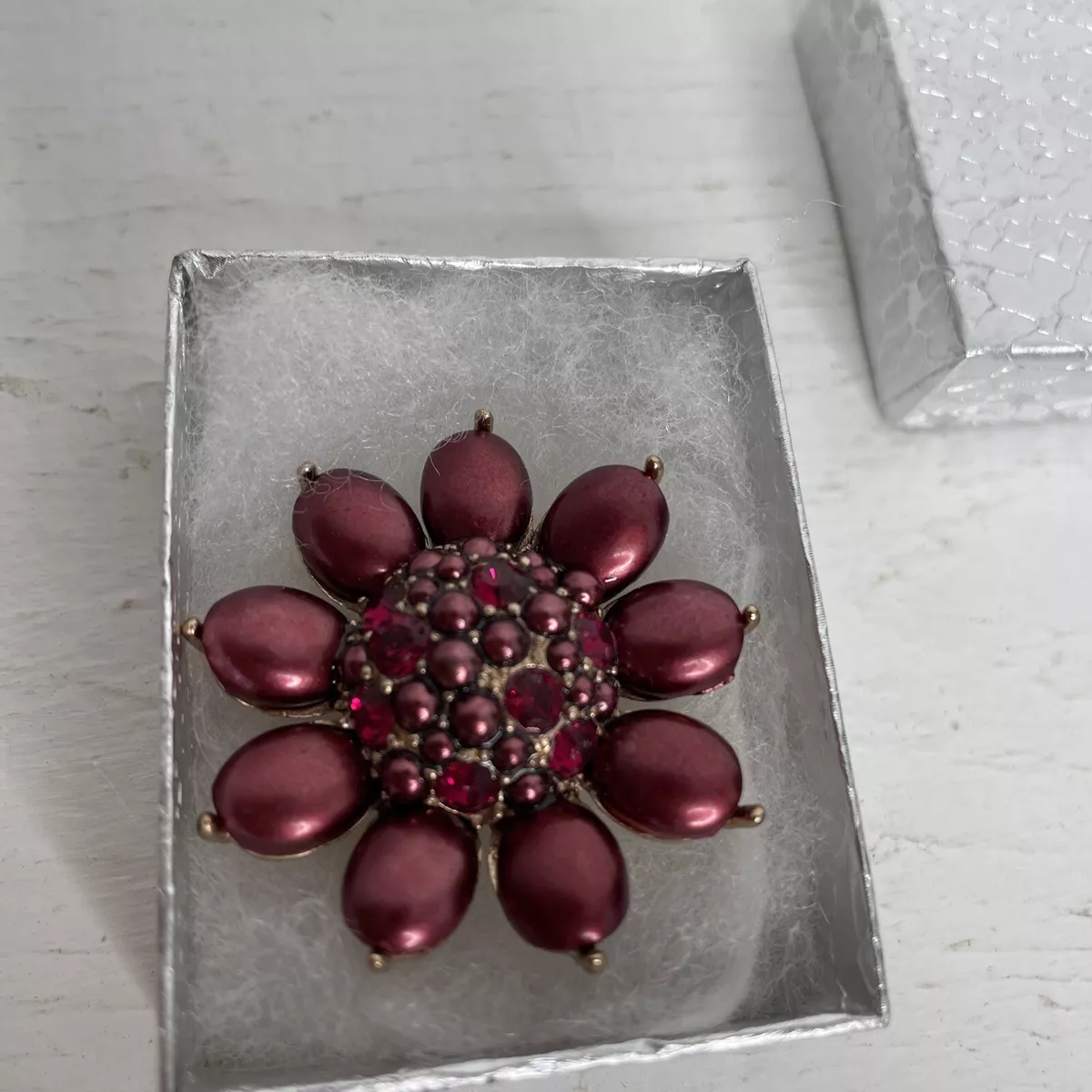 Vintage Monet Burgundy and Red Rhinestones Floral Brooch Highly Collectible