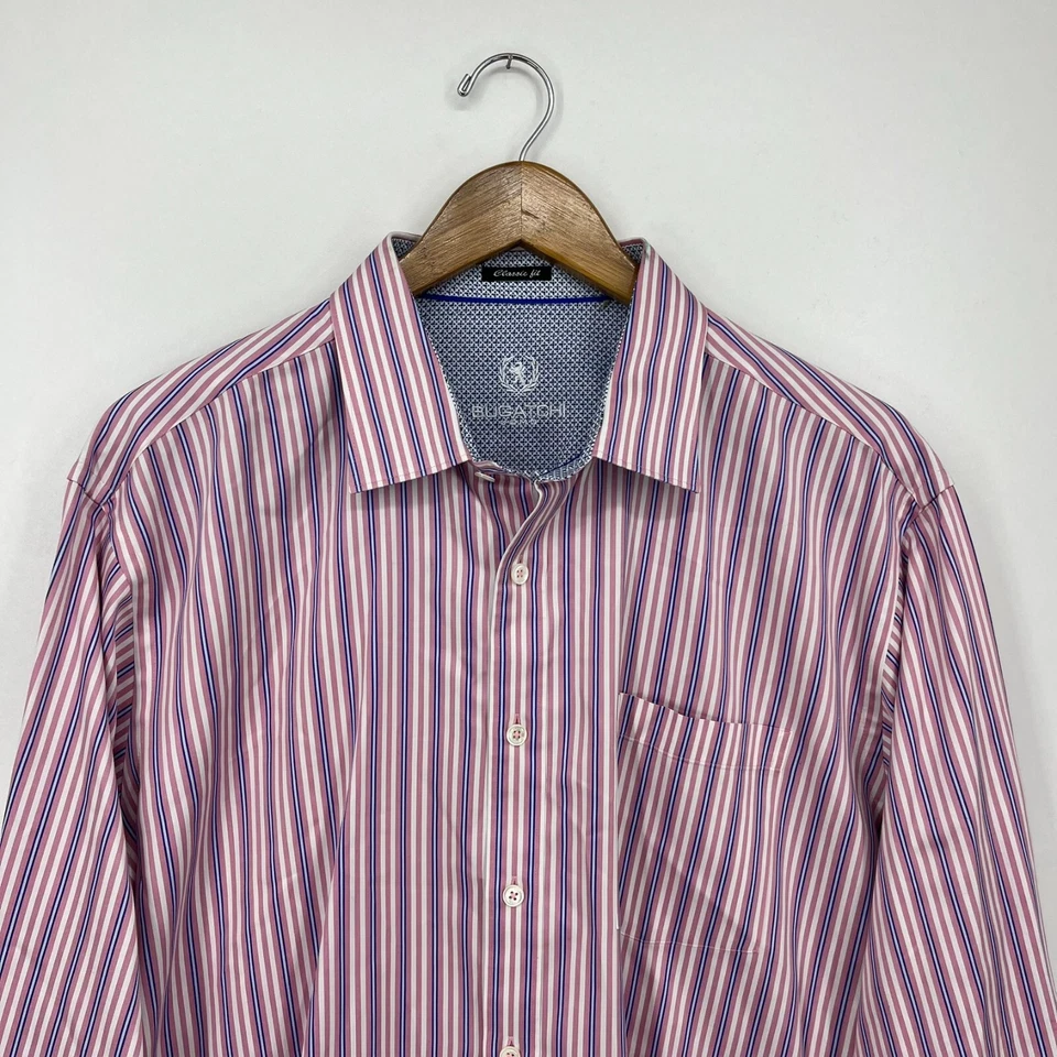 Bugatchi Long Sleeve Button Shirt Men's XL Pink Classic Fit Striped Flip Cuffs - Image 2 of 4