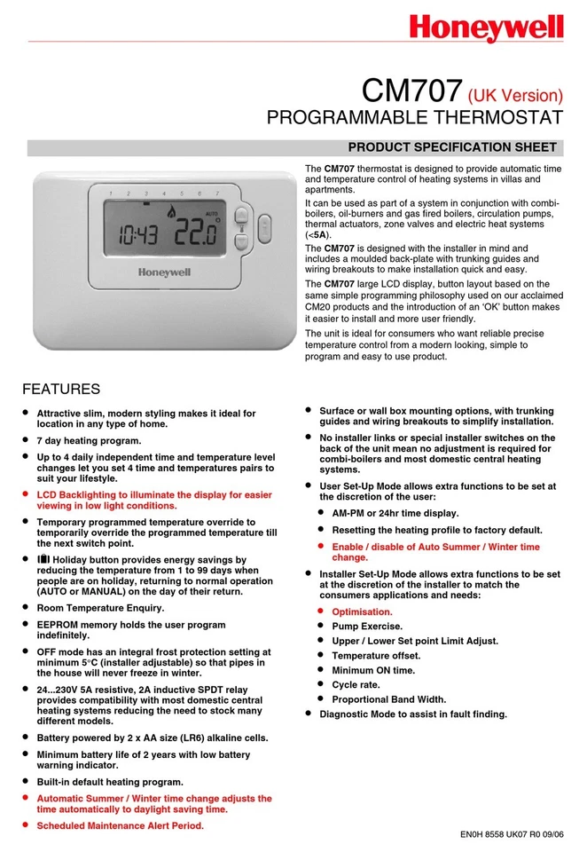 Honeywell 7 Day CM700 Programmable Room Thermostat CM707 CMT707A1029 Genuine - Image 4 of 4