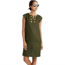 J. Crew Olive Green Linen Shift Dress Gold Grommet Detail Sz 4