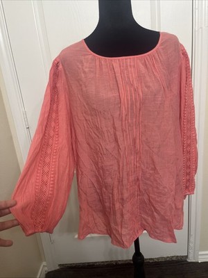 Zac And Rachel Sz 2X Lace Trim 3/4 Sleeves Coral Blouse Round Neck Linen