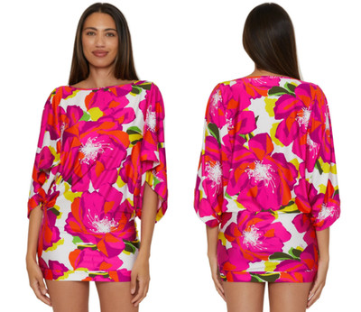 Trina Turk Bloom Boatneck Cover Up Tunic Mini Dress in Pink Multi  sz L  $152