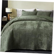 Velvet Quilt Size, Oversized Bedspread Quilted Bedding Set, King Army Green