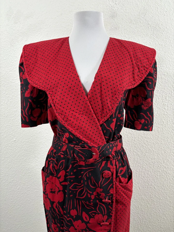 复古 Brenner 连衣裙女式大号黑色红色裹身腰带花卉圆点 80 年代 — 第 2/4 张图片