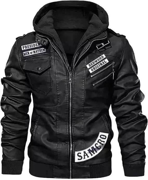 Chaqueta de bombardero de carretera para motociclista con capucha de cuero negro Sons of Anarchy para hombre Foto 2 de 3