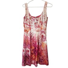 Nine West Pink Orange Floral Watercolor Fit Flare Pocket Dress Size 2