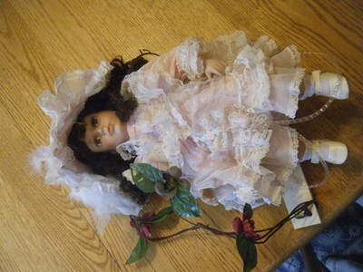 Cathay Collection - 15  Porcelain Doll 1-5000 On Swing Pink  Dress Brown Hair