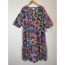 Sugarlips 2X Dress Colorful Floral Short Puff Sleeve Drop Waist Button Front