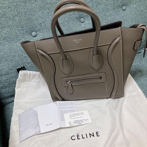 CELINE Luggage Micro Handbag Gray Leather Tote Bag Top Handle Authentic USED #HB