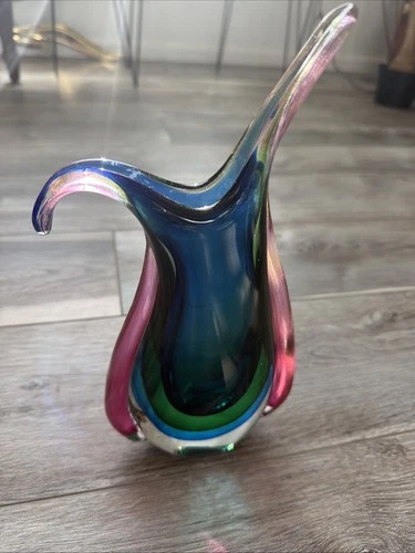 VTG Dynasty Gallery Murano Style Sommerso Blue Pink and Green Art Glass Vase